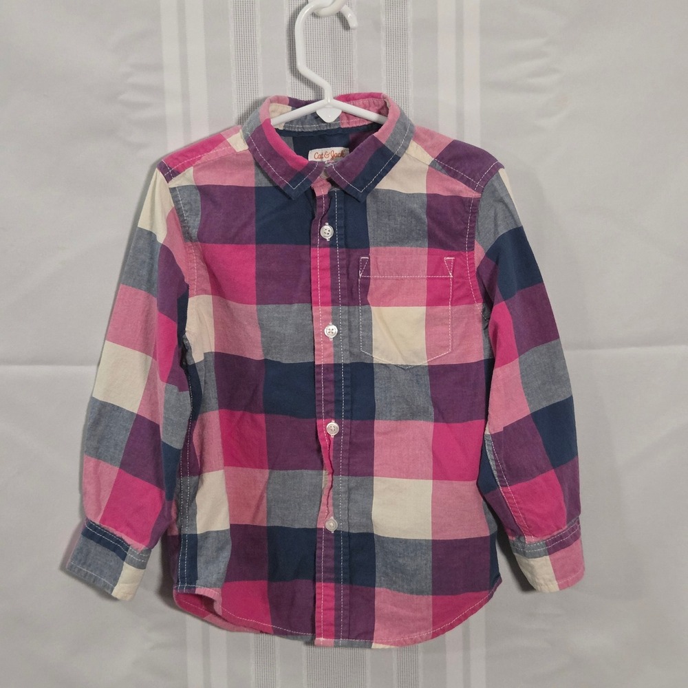 Cat & Jack Button Down Shirt Kids XS 4/5 Pink Plaid Long Sleeve Flannel Style